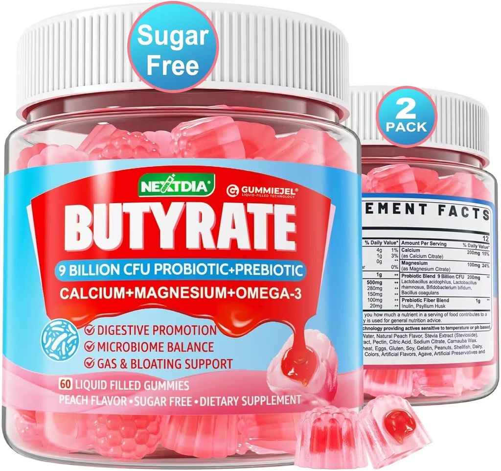 Butyrate Gummies with Probiotic + Prebiotic + Postbiotic, Omega-3 500mg, 9 Millioner CFU Probiotika med Fiber, Calcium & Magnesium, Inulin, Psyllium Husk for fordøjelse, Bloating Support, Sugar Free