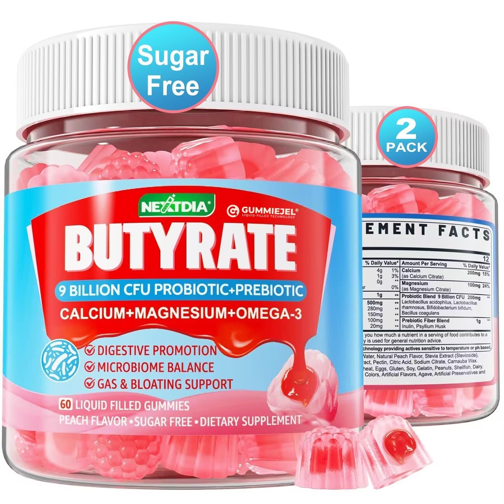 Butyrate Gummies with Probiotic + Prebiotic + Postbiotic, Omega-3 500mg, 9 Millioner CFU Probiotika med Fiber, Calcium & Magnesium, Inulin, Psyllium Husk for fordøjelse, Bloating Support, Sugar Free