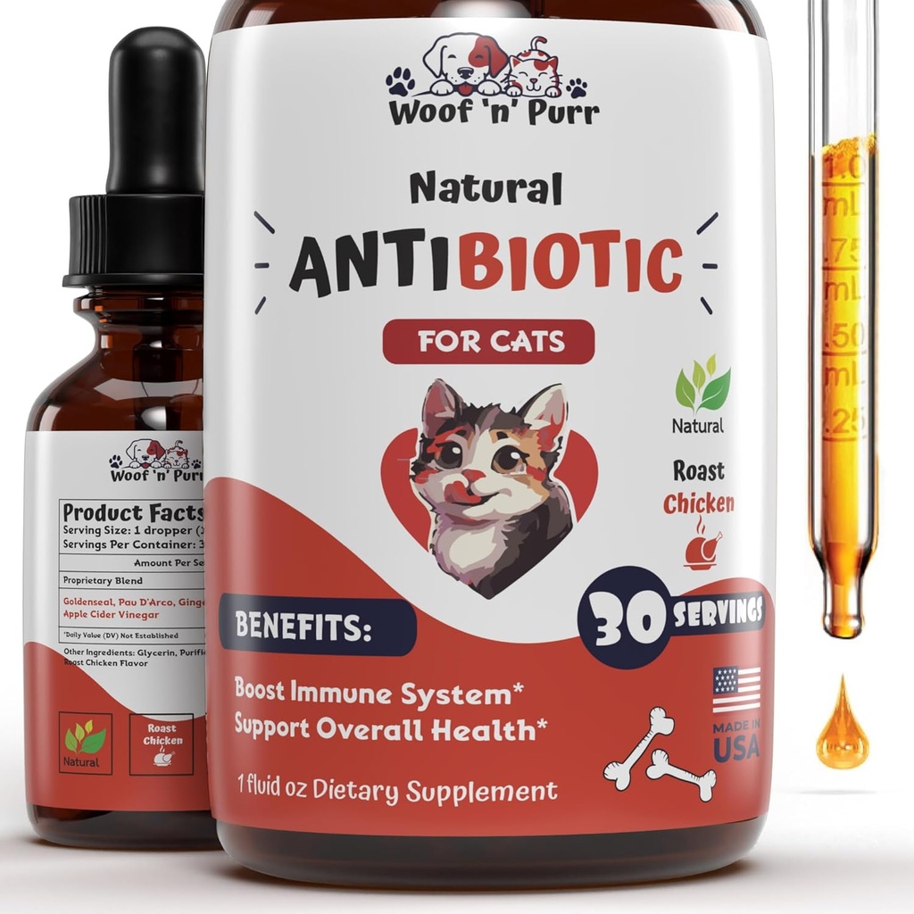 Naturlig kat Antibiotika - Antibiotika til katte - Pet Antibiotika - Kat Antibiotika - Kat Allergi Relief til katte - Antibiotika til katte - Kat UTI Antibiotika - 1 fl oz: Roast Chicken Flavor