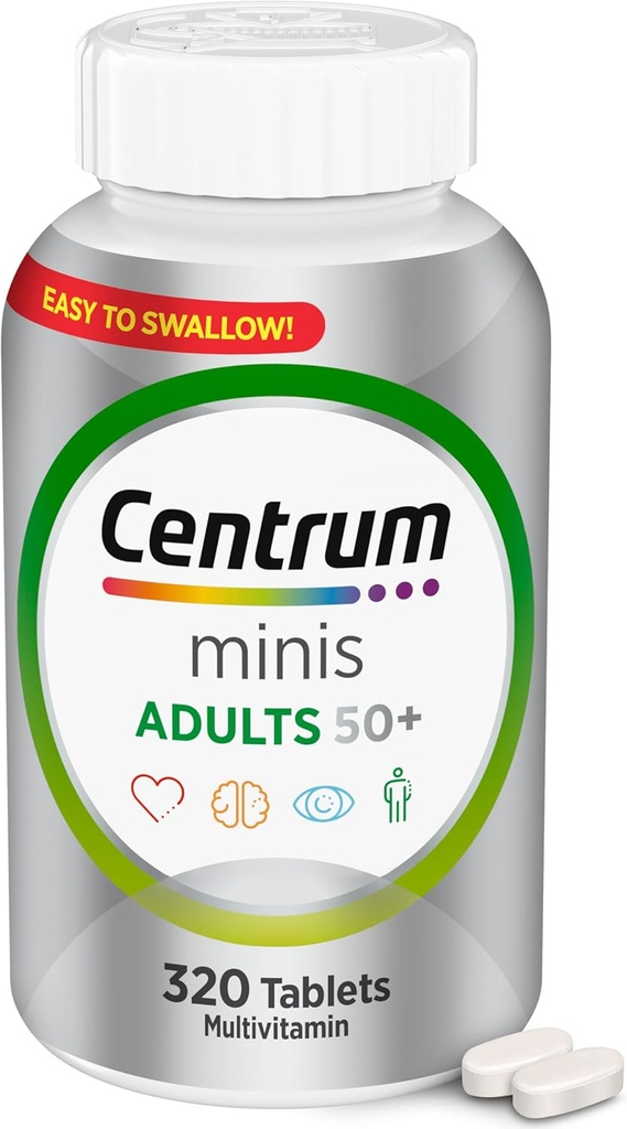 Centrum Minis Sølv Multivitamin Tablet for voksne 50 Plus, Multimineral Supplement, vitamin D3, B-Vitamin, Gluten fri, non-GMO ingredienser, understøtter hukommelse og kognition hos ældre voksne - 320 Ct