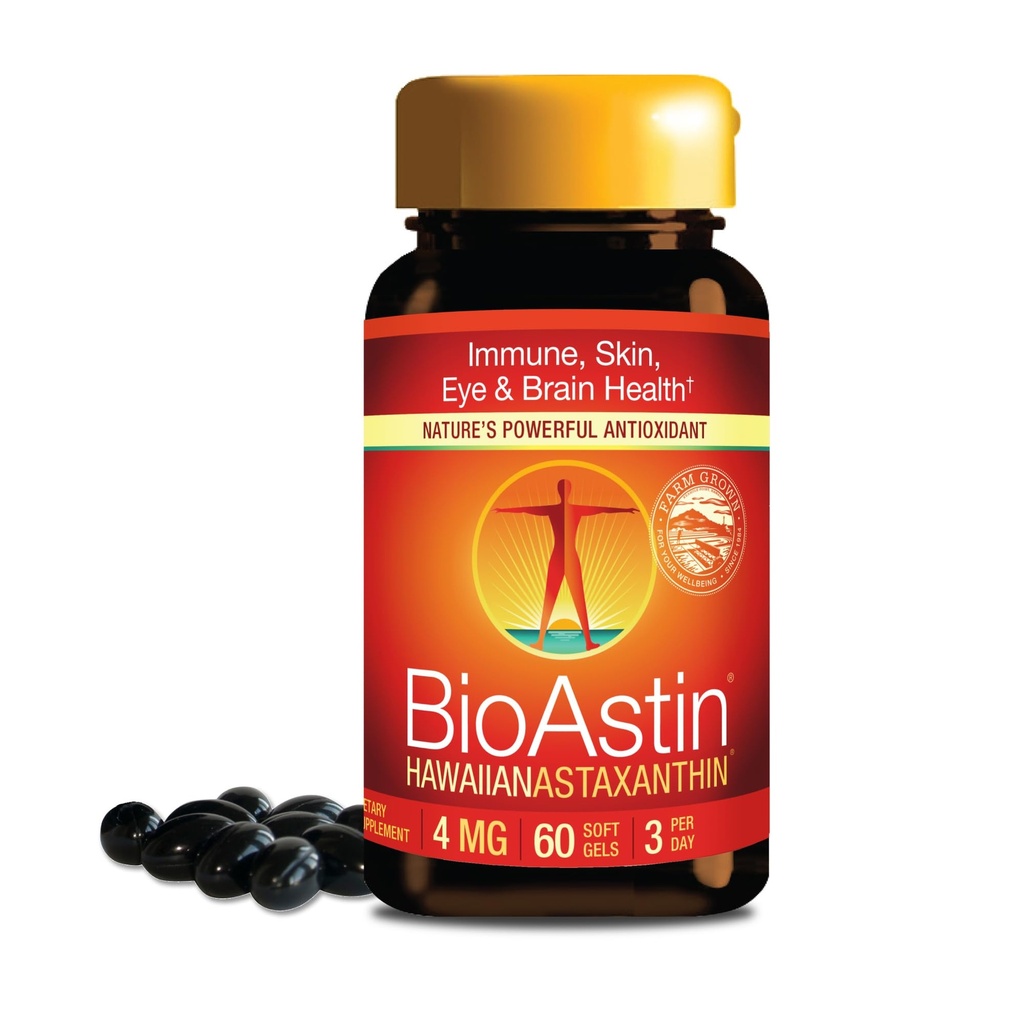 Nutrex Hawaii BioAstin Hawaii Astaxanthin - 4 mg, 60 Softgels - Farm- Direct Premium Antioxidant supplement til støtte øje, hud, fælles & immunsystem sundhed - ikke-GMO & gluten- fri