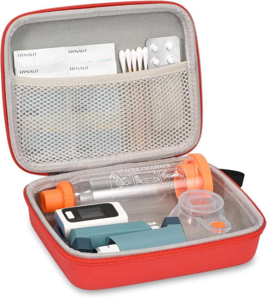 Hårdt rejsetilfælde for Astma Inhaler og tilbehør, med Mesh Pocket til medicin, Rød