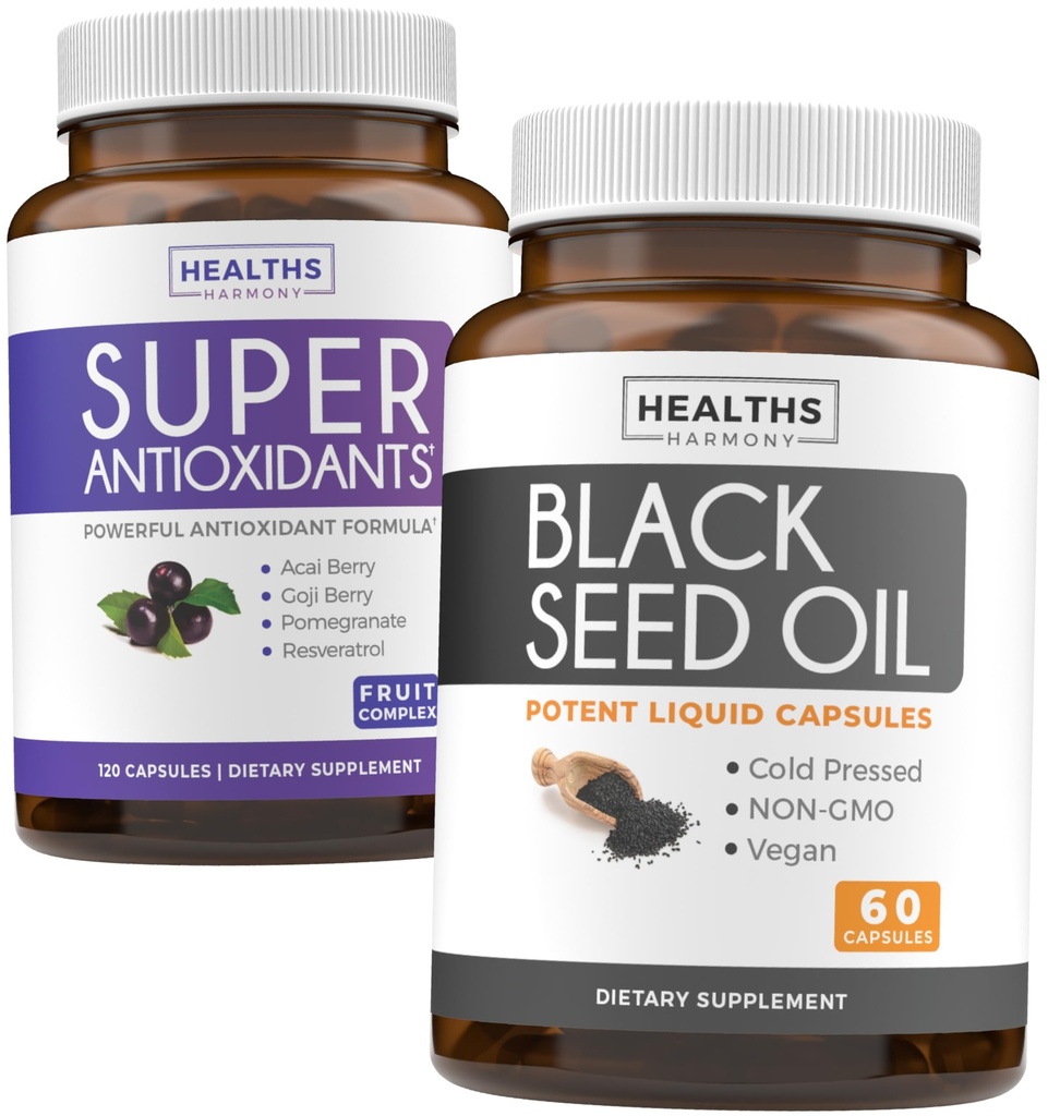 Antioxidanter og sort frøolie (1-måned Tilgang) Super antioxidant tillæg med Acai Berry, Goji Berry, Pomegranat & Trans Resveratrol (120 kapsler) & Black Seed Oil (non-GMO & Vegan) 60 kapsler
