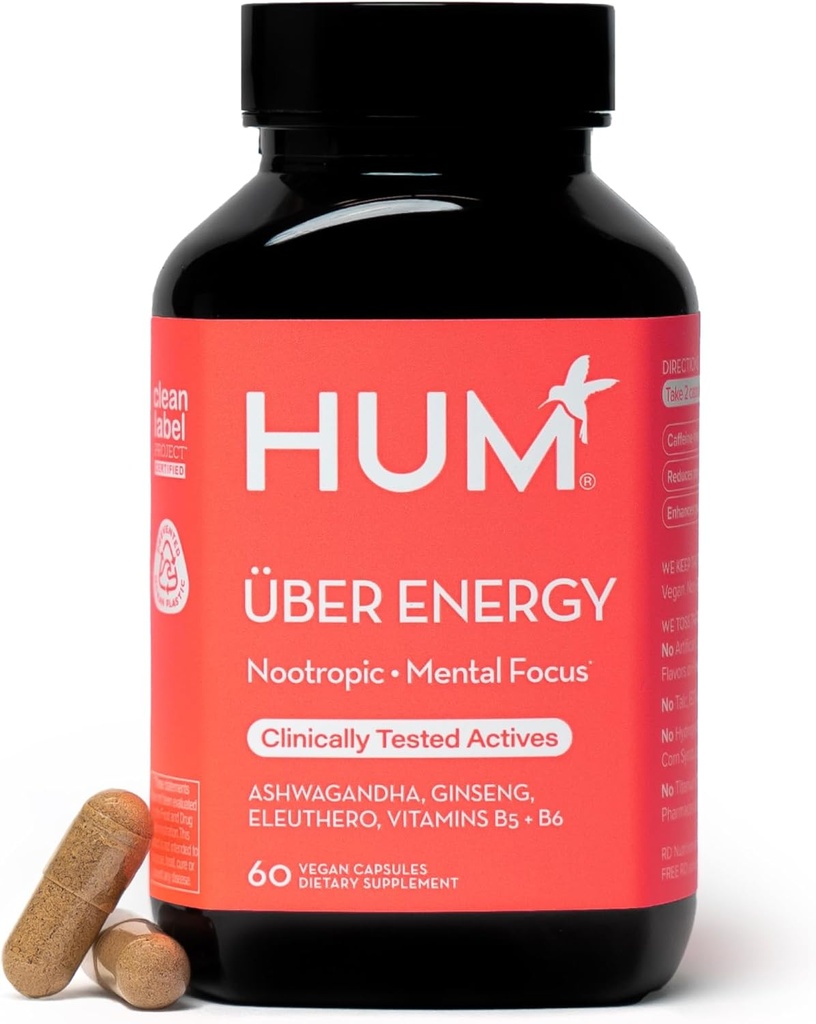 Hum Uber Energy Adrenal Energy Support med Ashwagandha Root, Ginseng, B Vitamin, B6-vitamin, B5, og Adaptogens, Kosttilskud til binyrerne Træthed Support, 60 Veganske Kapsler