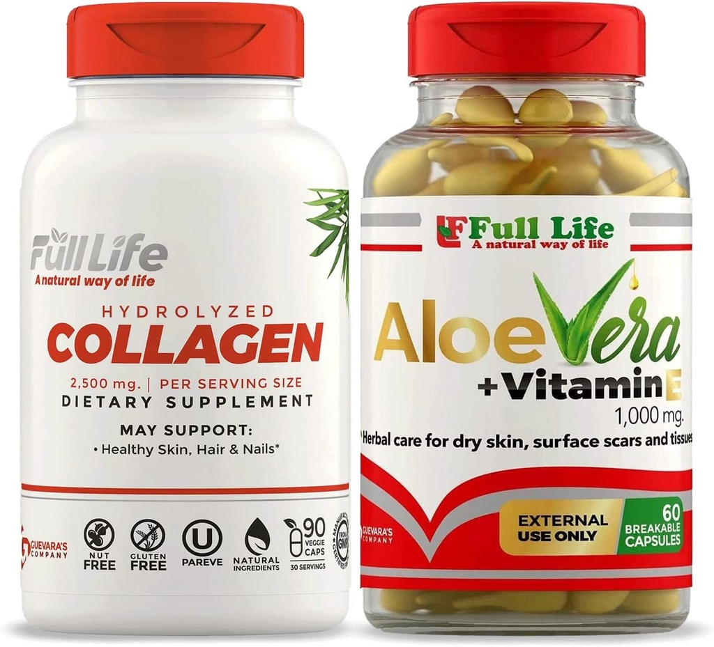 Fuld Life Hydrolyzed Collagen Supplement - Bovin Collagen piller 90 Kapsler og Aloe Vera med E-vitamin kapsler til huden - Hydrerende ansigt moisturizer - 60 Breakable kapsler