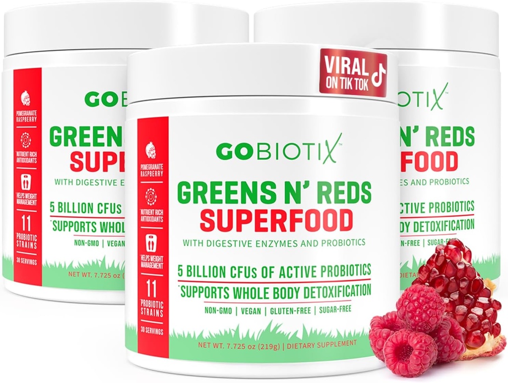 GOBIOTIX Super Green and Red Powder - Rød og grøn superfood - Probiotisk supplement - fordøjelsesenzymer og root pulver - Organic Whole Foods Kosttilskud (Pom Raspberry, 3 Pack)