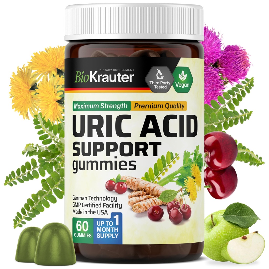 BIO KRAUTER Urisacid Support Gummies - 60 Vegansk Tyre - Urisacid Support w / Tart Cherry & Chanca Piedra 4: 1 Ekstrakter - Natural Nyre Supplement w / Milk tidsel og gurkemeje