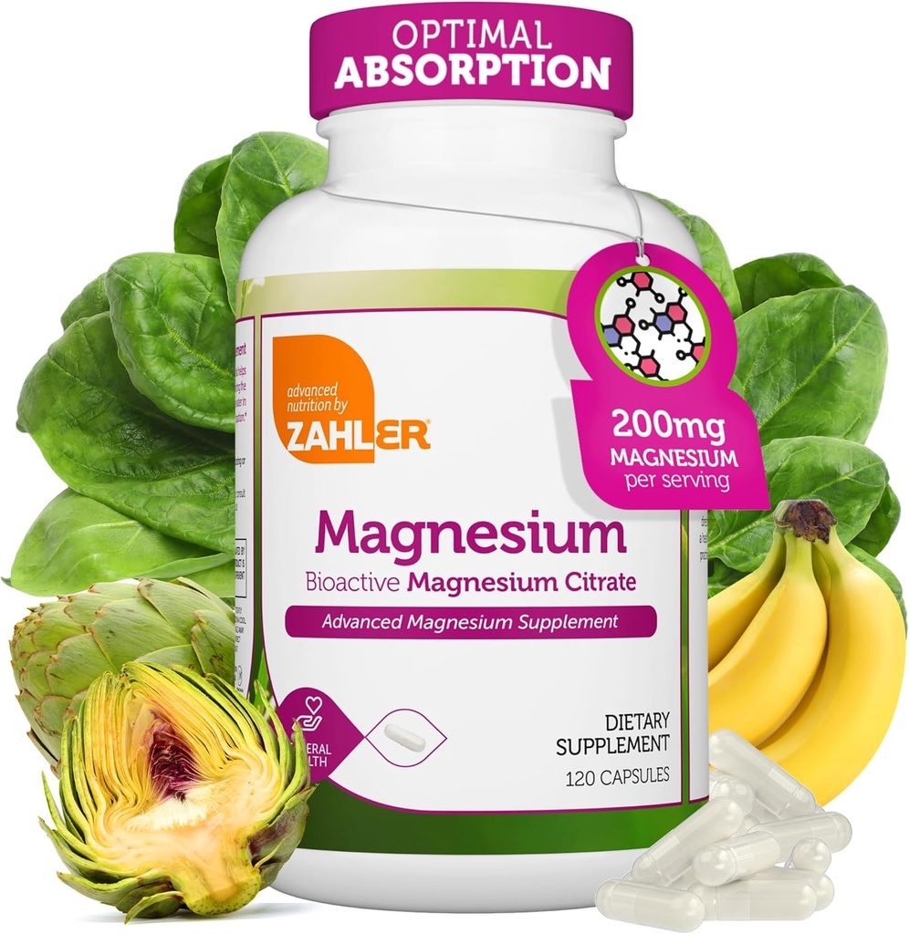 Zahler - Magnesiumtilskud Kapsler 200 mg (120 Tæl) Certificeret Kosher Bioactive Magnesium Citrate for Max Absorption - Natural Magnesium Mineral for mænd og kvinder - Bedste Magnesiumtilskud