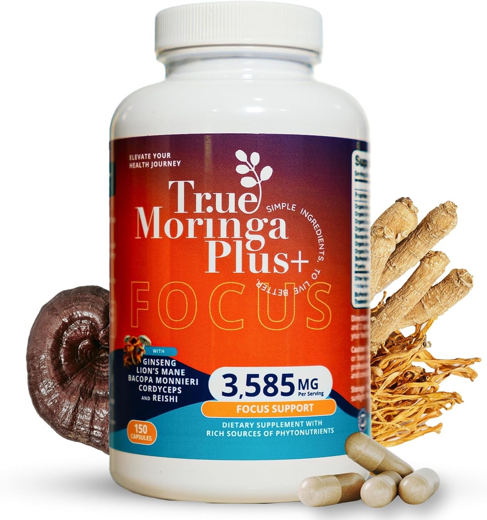 True Moringa Plus + Focus Support 10: 1 Uddrag 124; 20,000mg af Organic Moringa, Reishi, Cordyceps, Lions Mane, Ashwagandha, Bacopa Monnieri Buddy 124; Memory & Brain Sundhed for voksne (150 kapsler)