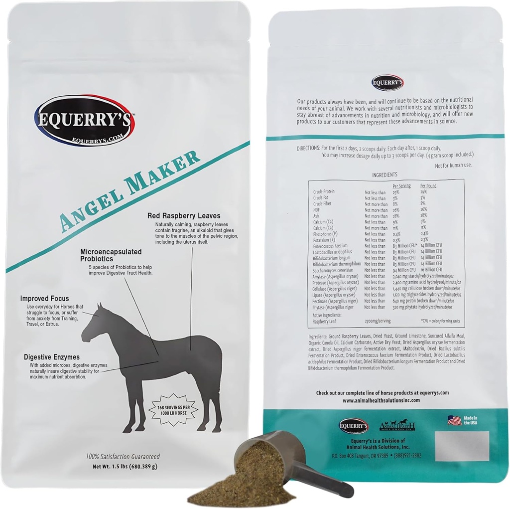 Equerry 's Angel Maker, Raspberry Leaf, Microindkapslet Probiotika supplement til Horse Ulcer Behandling & fordøjelsessygdomme Calmness & Focus, 1,5 lb