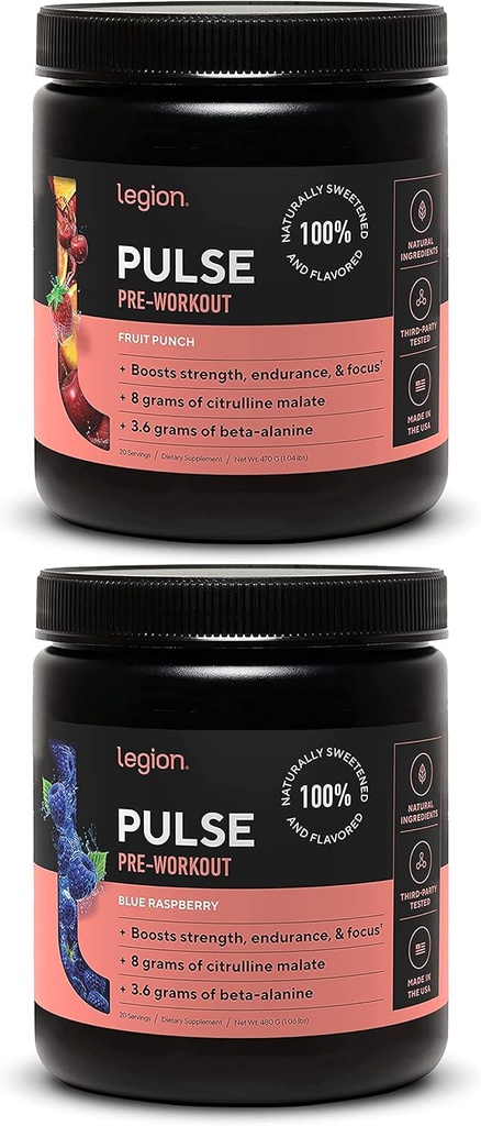 LEGION Pulse Pre Workout Supplement - Alle naturlige nitrogenoxid Preworkout drikke til Boost Energy, Kreatin Gratis, naturligt sødet, Beta Alanine, Citrullin, Alpha GPC (Frugt Punch & Blå Hindbær)