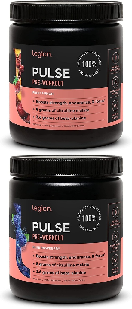 LEGION Pulse Pre Workout Supplement - Alle naturlige nitrogenoxid Preworkout drikke til Boost Energy, Kreatin Gratis, naturligt sødet, Beta Alanine, Citrullin, Alpha GPC (Frugt Punch & Blå Hindbær)