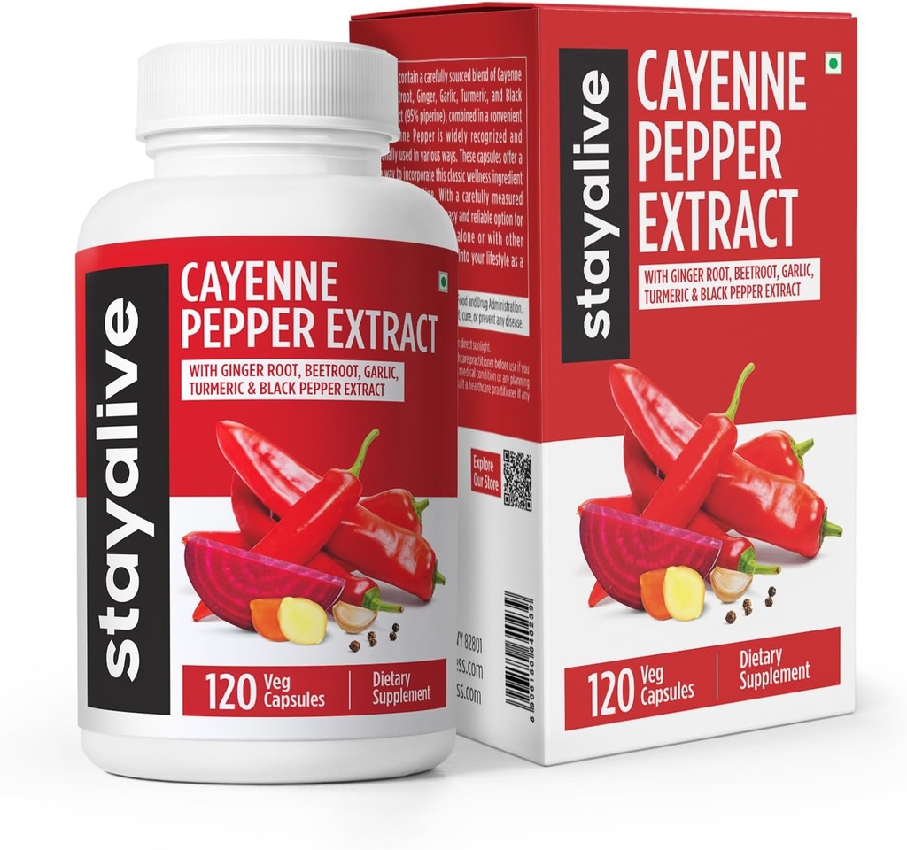 StayAlive Cayenne Pepper Capsules 960mg Super Extract med ingefær, hvidløg, gurkemeje, Beet Root, Black Pepper, 120 Cayenne Capsules, Support Cardiovaskulær & Immunsystemet, Capsaicin Supplement Pills