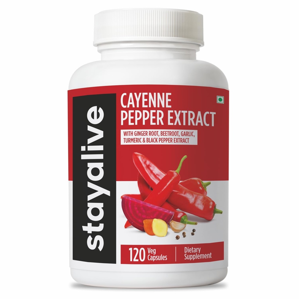 StayAlive Cayenne Pepper Capsules 960mg Super Extract med ingefær, hvidløg, gurkemeje, Beet Root, Black Pepper, 120 Cayenne Capsules, Support Cardiovaskulær & Immunsystemet, Capsaicin Supplement Pills