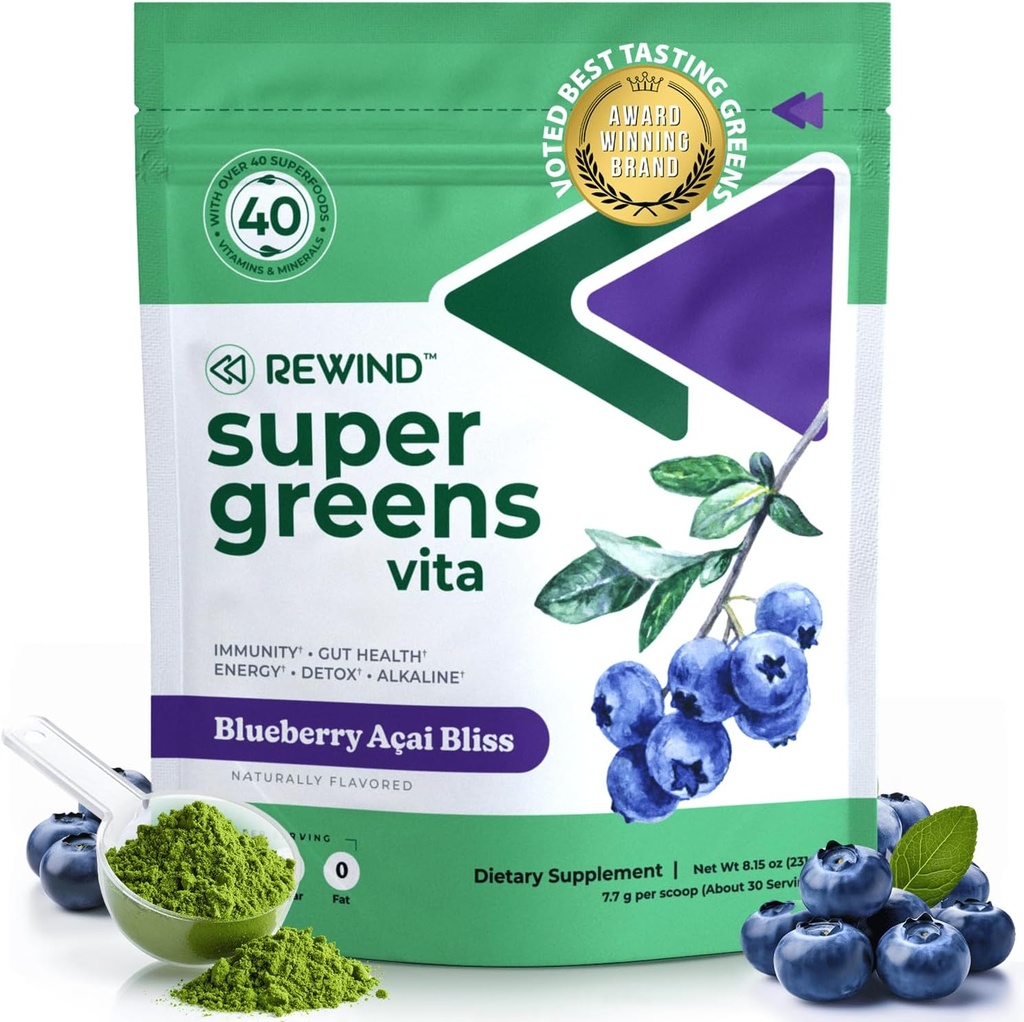 Bedste Tasting Super Green Powder med 40 + Superfood - Lækker Dagligt grønt pulver med vitamin B12, Zink, C-vitamin, Magnesium & Calcium - Grøn Juice Superfood Mix - Blåbær Acai Flavor