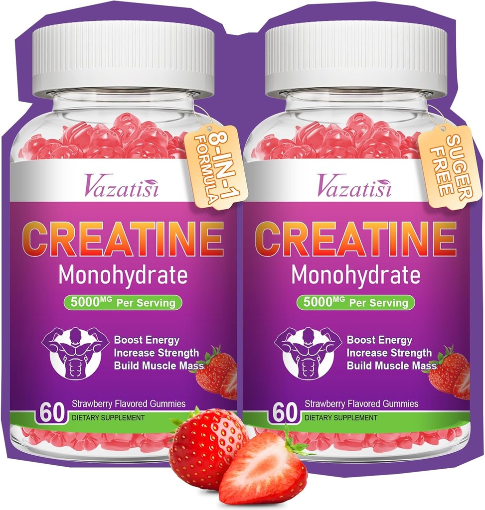 2 Pack Creatin Monohydrat Gummies for kvinder & mænd, Sukker Free Vegan Creatin Supplement for Build Muskler, Øge Energi & Styrke, Natural Strawberry Flavor, 120 Greve