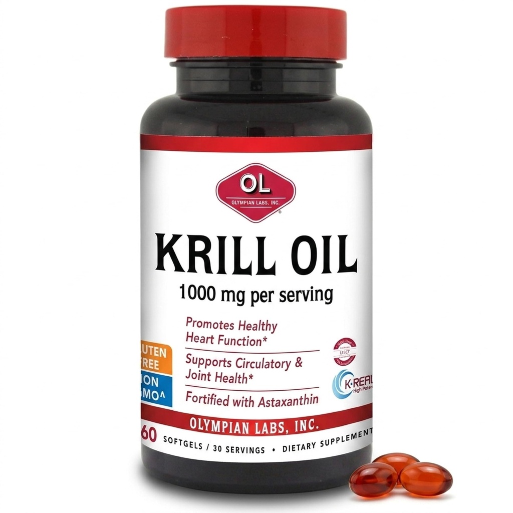 Olympian Labs Antarctic Krill Oil, 1000mg Caps med Astaxanthin, Omega-3, EPA, DHA, Immun, Joint & Brain Support, 60 Softgels
