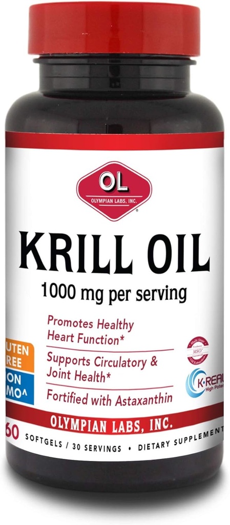 Olympian Labs Antarctic Krill Oil, 1000mg Caps med Astaxanthin, Omega-3, EPA, DHA, Immun, Joint & Brain Support, 60 Softgels