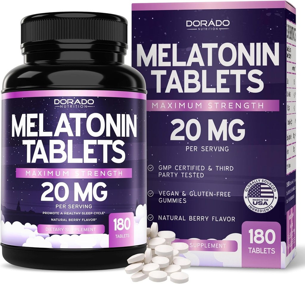 Melatonin 20mg tabletter til voksne (180 Greve) - hurtig opløsning med 20 mg Melatonin per tablet - høj potens, Gluten- fri, ikke-GMO, Vegan - blandet berry flavor - Bulk Supply - USA Made