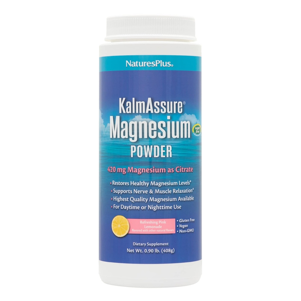 NaturesPlus KalmAsure Magnesium Powder - 0,9 lb - Pink Lemonade Flavor - Understøtter nerve og muskelafslapning - Non-GMO, Gluten Free, Vegan - 60 Serveringer