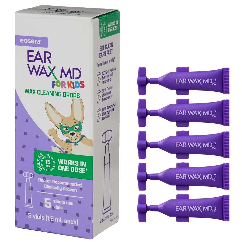 eosera ® Ear Wax MD ® for børn - Ear Wax Rengøring Drops, 5pk Vilies ttesmå 124; Fast- Fungerende 124; Breaks Down & Dissolves Ear Wax i så lidt som 1 Behandlingsperiode 124; Klinisk Proven