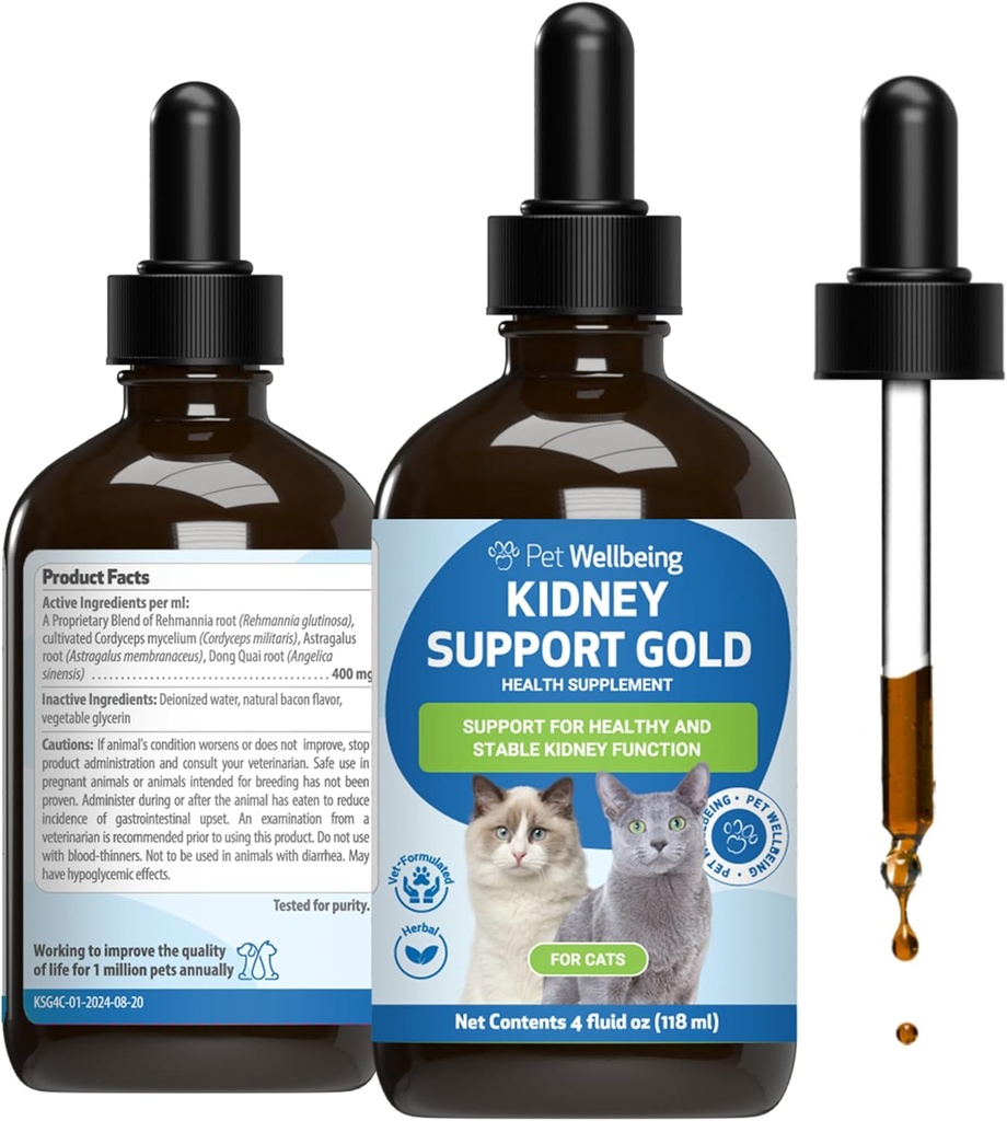 Pet Wellbeing Nyre Support Gold for Cats - Understøtter sund Nyre funktion, Fluid Balance, Energiniveauer, Rehmannia, Dong Quai - Veterinarian- Formuleret Herbal Supplement 4 oz (118 ml)