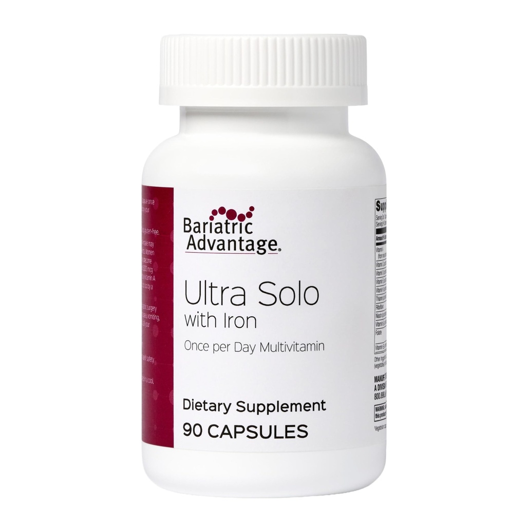 Bariatric Advantage Ultra Solo with Iron - Once-Per-Day Daily Multivitamin - for Bariatric Patients - with Thiamin, Vitamin A & More - Gluten Free - 90 Capsules