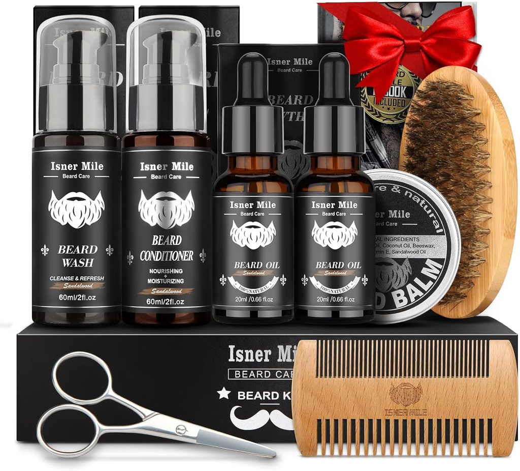 Beard Kit til mænd Grooming & Care: med 2 Pack Beard Oliils og Balm - Wash & Conditioner til Efter Bare Lotions Sandalwood, Brush og Comb Sets med Saks, Valentines fædre gaver til far / mænd / ham