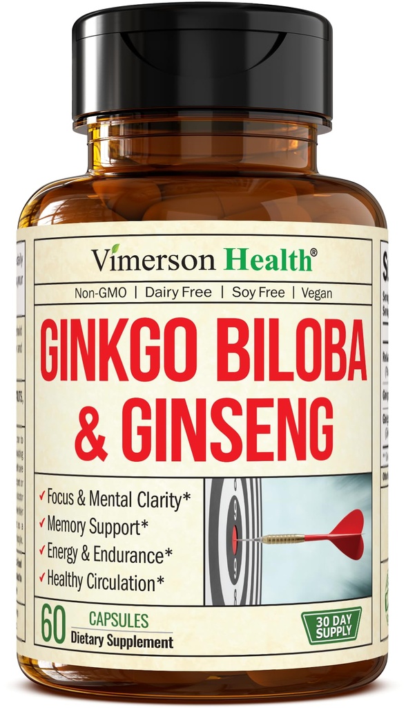 Asian Ginseng og Ginkgo Biloba Kosttilskud - Panax Ginseng Extract 700mg + Ginko Biloba 720mg - Nootrop Brain Supplement for hukommelse, fokus & vedvarende energi - 60 Easy- to- Swallow kapsler