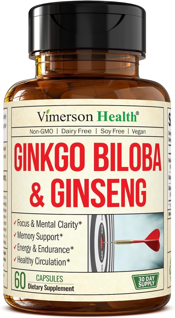 Asian Ginseng og Ginkgo Biloba Kosttilskud - Panax Ginseng Extract 700mg + Ginko Biloba 720mg - Nootrop Brain Supplement for hukommelse, fokus & vedvarende energi - 60 Easy- to- Swallow kapsler