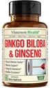 Asian Ginseng og Ginkgo Biloba Kosttilskud - Panax Ginseng Extract 700mg + Ginko Biloba 720mg - Nootrop Brain Supplement for hukommelse, fokus & vedvarende energi - 60 Easy- to- Swallow kapsler
