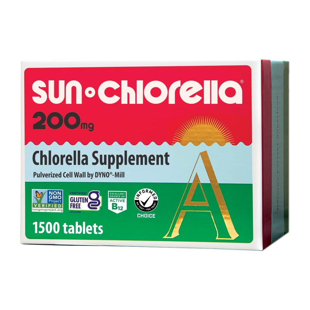 Sun Chlorella 200 mg Green Algae Superfood Supplement - Pulveriseret Cell Wall - Chlorophyll, CGF, Active B12, Iron, Protein - Non- GMO - 1500 Tabletter