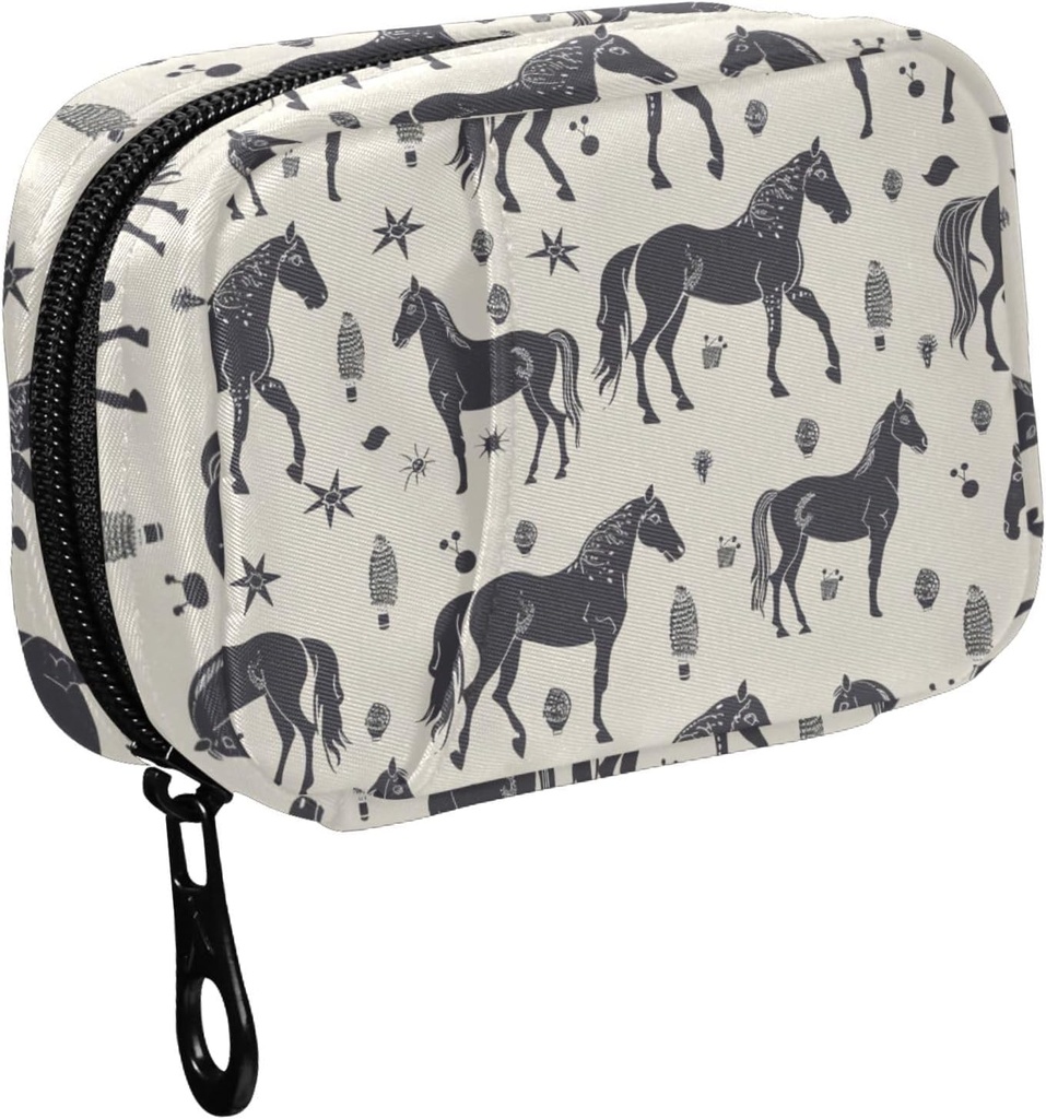 Fustylead Black Horse Silhouette and Various Decor Elements Pill Organizer for Purse, Weekly Portable Pill Box with Zipper to Storage Vitamins Fish Oils Medications Supplements