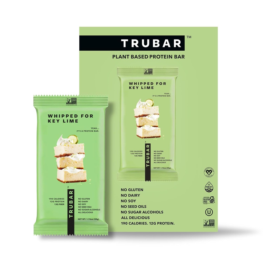 TRUBAR Vegan Protein Bar, Whipped for Key Lime, Gluten Free, Plant Based, High Fiber, Dairy Free, Low Fat, Non GMO, No Sugar Alcohols, 12G Lean Protein, 13G Fiber, Sund Snack Bars, 12 CT