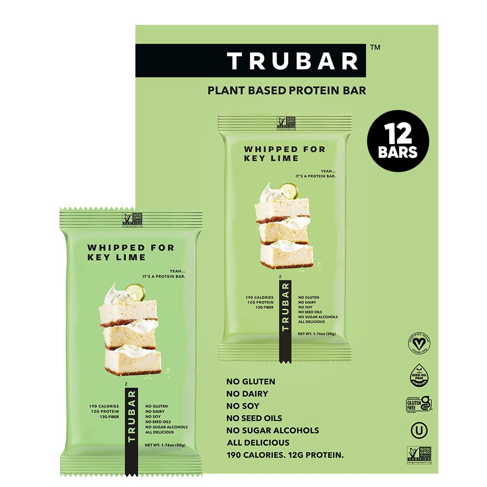 TRUBAR Vegan Protein Bar, Whipped for Key Lime, Gluten Free, Plant Based, High Fiber, Dairy Free, Low Fat, Non GMO, No Sugar Alcohols, 12G Lean Protein, 13G Fiber, Sund Snack Bars, 12 CT