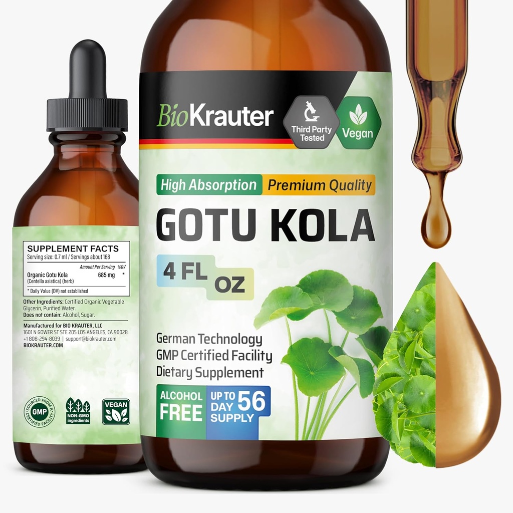 BIO KRAUTER Gotu Kola Tincture - Centella Asiatica Extract - Alkohol og sukker fri Gotu Kola Extract - Vegan Drops 4 Fl.Oz.