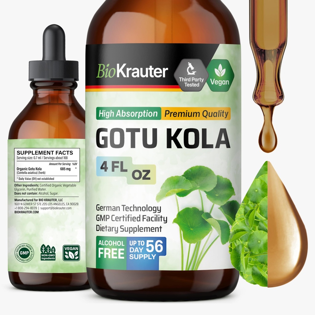 BIO KRAUTER Gotu Kola Tincture - Centella Asiatica Extract - Alkohol og sukker fri Gotu Kola Extract - Vegan Drops 4 Fl.Oz.