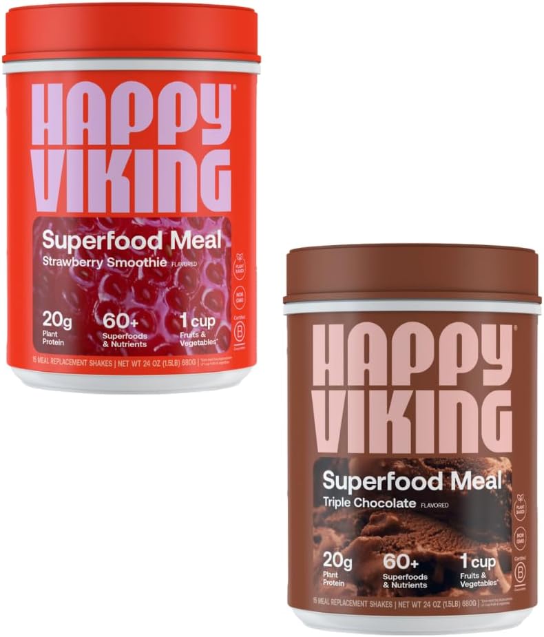Glad Viking Chokolade og Jordbærpulver, af Venus Williams, 20G Protein, Low Carb, Keto, Vegan, Glutenfri, Superfoods, Komplet Meal Erstatning, 2 Kanister (24 oz. Hver)