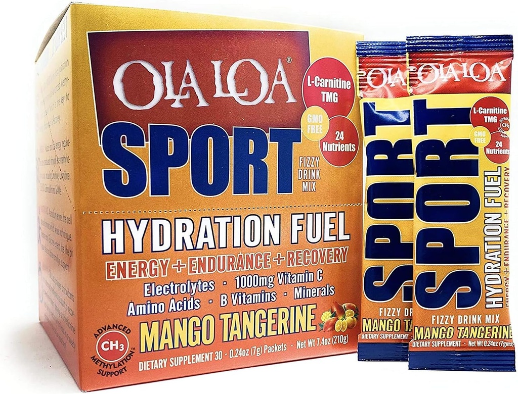 Ola Loa Sport Mango Tangerine All- Natural Hydrating Sports Drink Mix - Energi, Aminosyrer, Elektrolyter, C-vitamin, B-vitamin, Gluten Free, Vegan - Drik dine vitaminer - 30 pakker (7.4oz)
