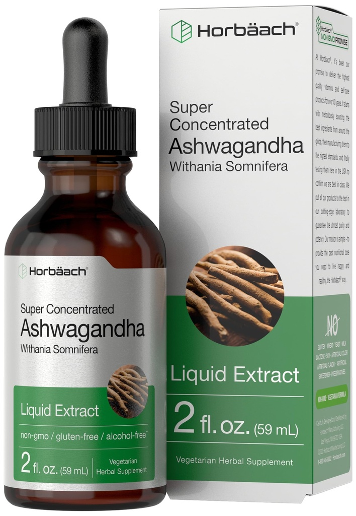 Horbäach Ashwagandha Liquid Drops Mea124; 2 Fl Oz Mea124; Tincture Extract for Women and Men Measures 124; Alkohol Free Supplement Measures 124; Witania Somnifera Root Measures 124; Vegetar, Non-GMO, og Glute