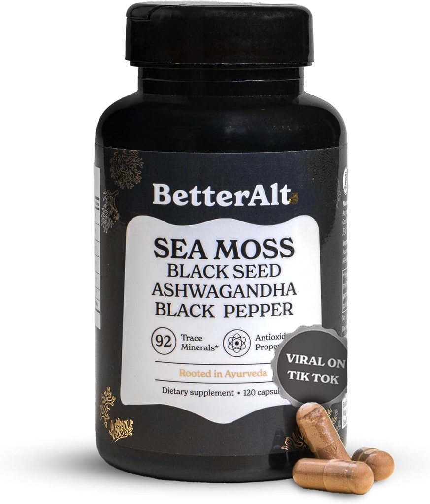 Bedre Alt Seamoss Capsules- Irish Sea Moss med Black Seed Oil, Ashwagandha & Black Pepper til Stamina, Styrke & Endurance - High Potence Sea Moss Supplement - 60 Servering, 120 Capsule