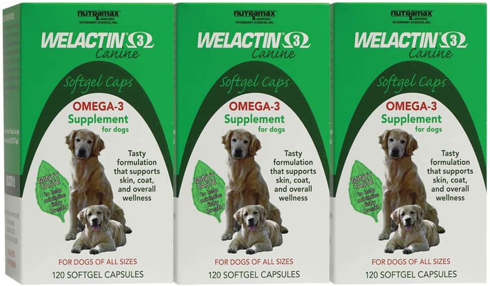 Nutramax Welactin Omega-3 Fish Oil Skin and Coat Health Supplement Flydende til hunde - 3 Pack, 360 Total Softgels