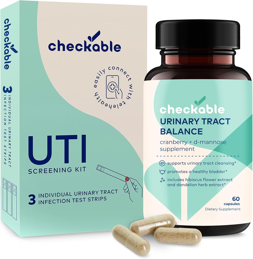 Checkable ® Urinary Tract Infektion Screening Strips (3ct) og Checkable D- Mannose UTI Kosttilskud (60ct) Combo Pack