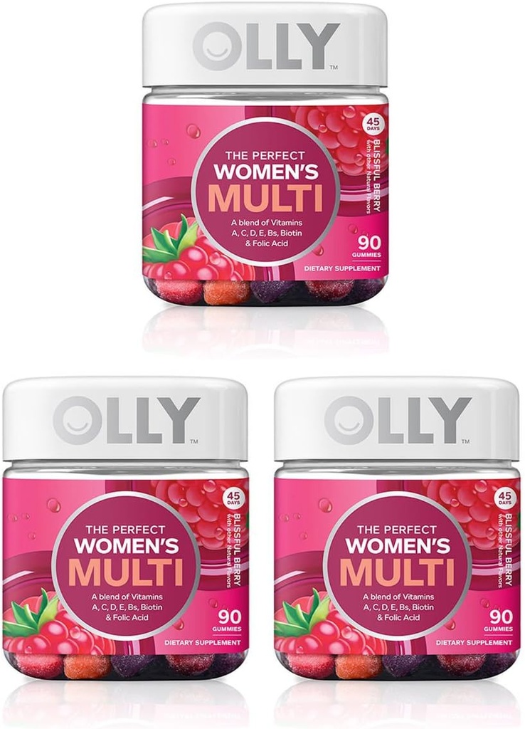 Olly Perfect Women 's Multivitamin Gummy Supplement, med biotin & folsyre, Blissful Berry, 90 tæller (45 dages forsyning), 3 Pack