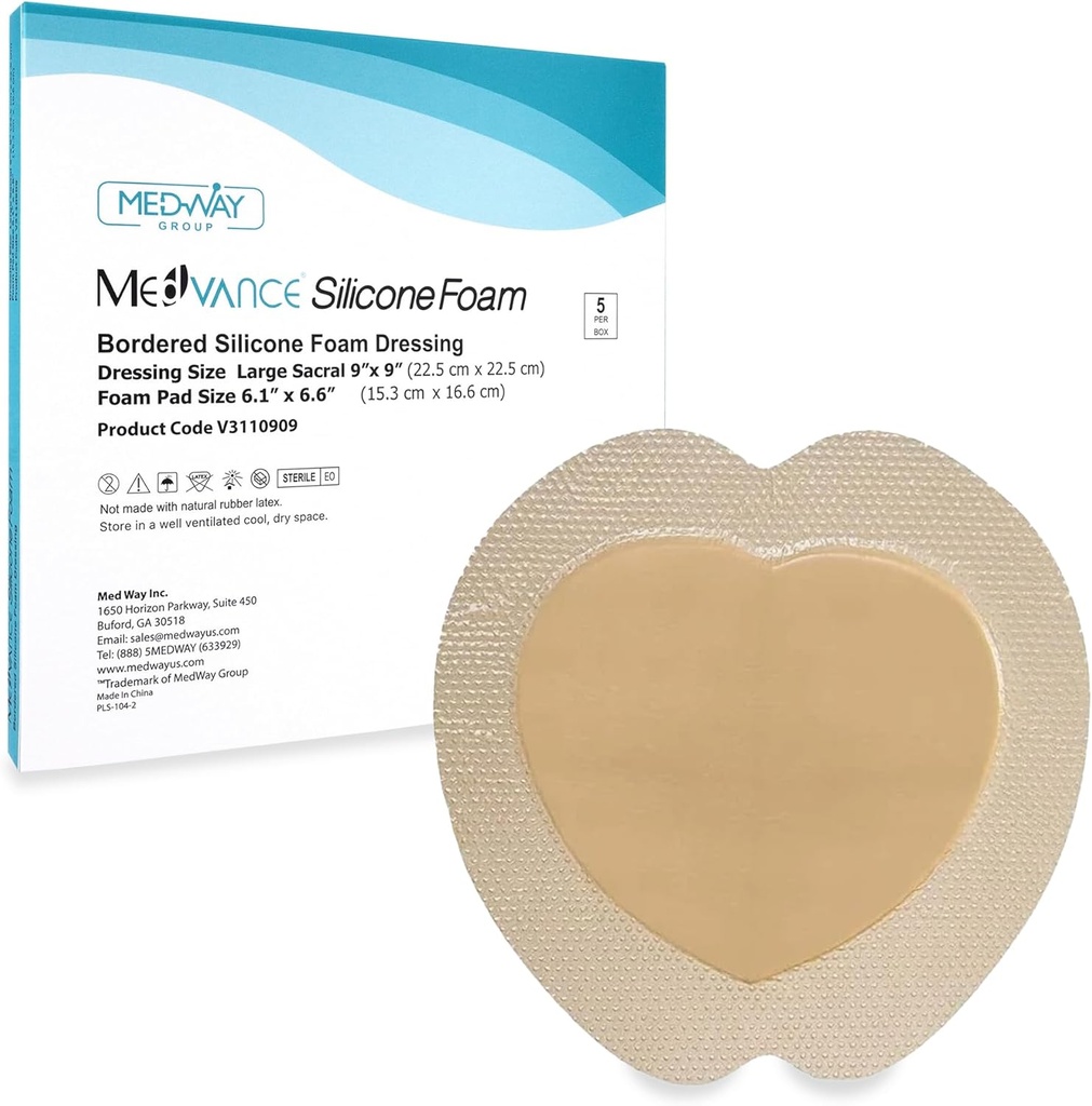 MedVance TM Silicone - Sacral Bordered Silicone Adhesive Foam Wound Dressing, Bed Sore Treatment Bandage for Sacrum, Size 9"x 9" (6.1" Pad x 6.6" Pad), Box of 5 dressings
