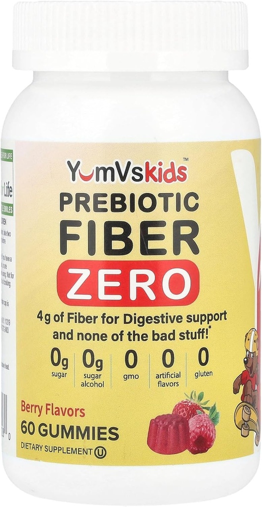 Prebiotic Fiber Zero Gummies for Kids by YumVs | Keto Sugar Free Gummy Chews for Toddlers |4g Fiber for Children Constipation Support | Natural Kosher Halal Berry Chewable 70 Count