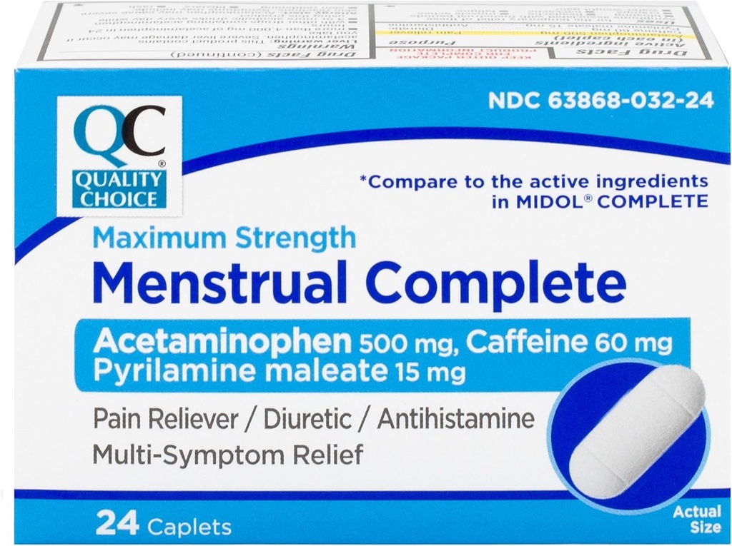 Kvalitetsvalg Menstruel Komplet Max Strength Periode Smerte Relief, 500 mg Acetaminophen, 60mg Koffein, 15mg Pyrilamin Maleat, kramper, Bloating, Hovedpine. 24 Tæl.