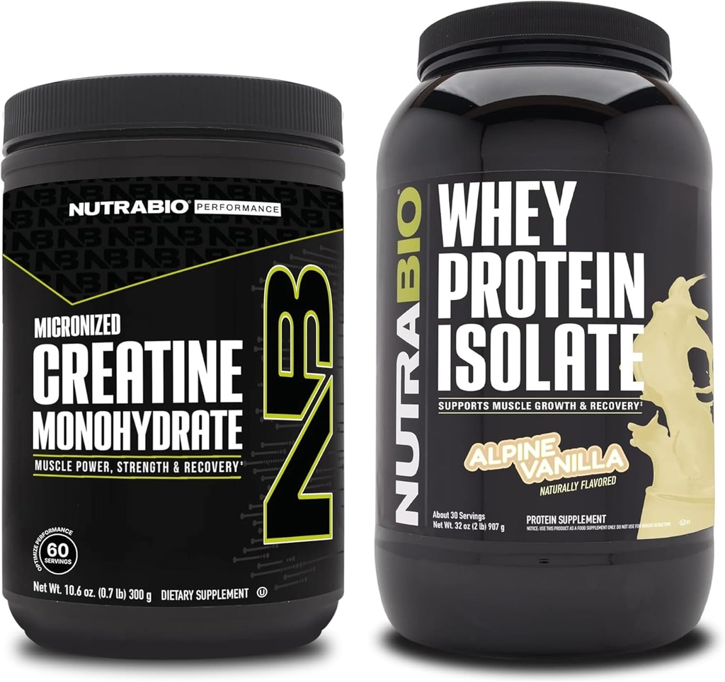 Nutrabio Creatin monohydrat, Unflavored, 300g og Whey Protein Isolate, Alpine Vanilla, Supplement Bundle - Muskelenergi, Lean muskelvækst, Inddrivelse, og styrke