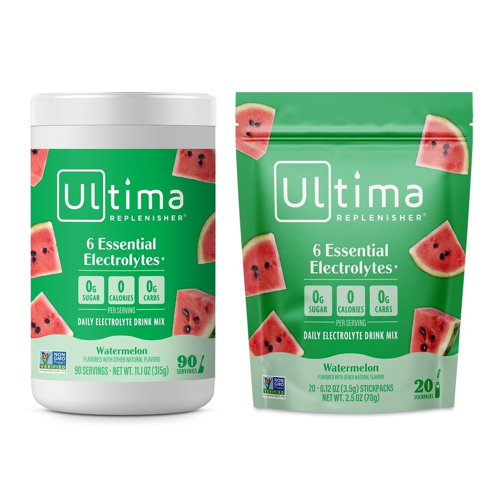 Ultima Replenisher Electrolyte Powder Drink Bundle - Sugar Free - Watermelon, 90 Serving Canister og 20 Stickpacks - 6 Electrolytes and Minerals - Keto Friendly, Vegan, Non- GMO