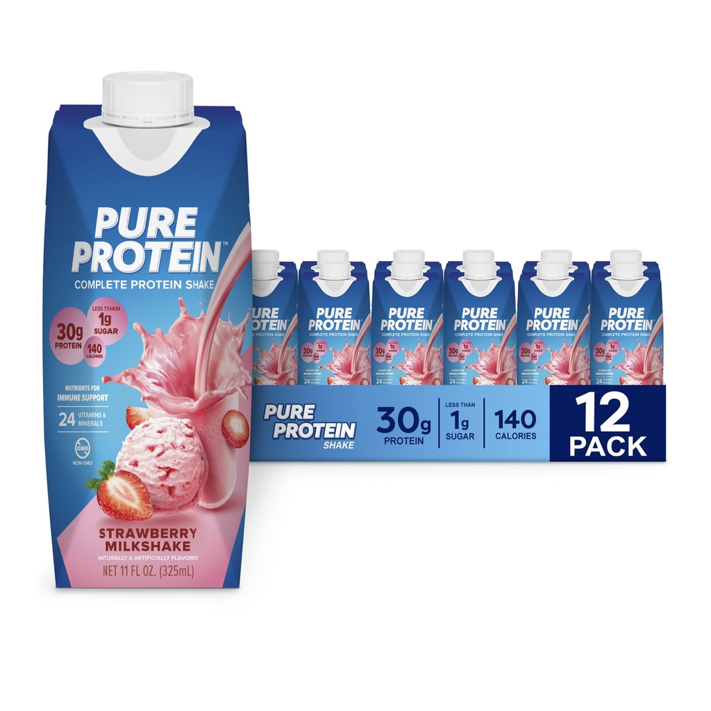 Pure Protein Strawberry Protein Shake, 30g Complete Protein, Klar til at drikke og Keto- Friendly, Vitaminer A, C, D, og E plus zink til støtte immunsundhed, 11oz flasker, 12 Pack
